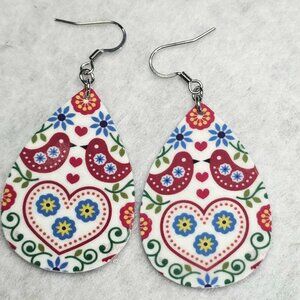Handmade teardrop earrings with valentine birds in color pattern on both sides